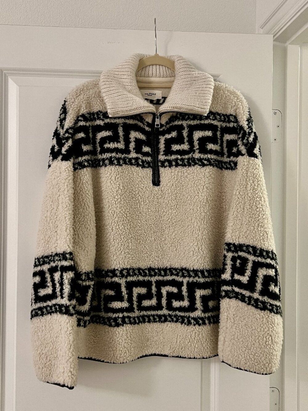 Isabel Marant Etoile Greek Key Black White Fleece Shearling Sherpa Pullover